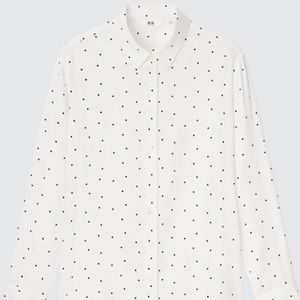 Uniqlo Rayon Printed Long Sleeve Blouse Black White Polka Dot Size Small